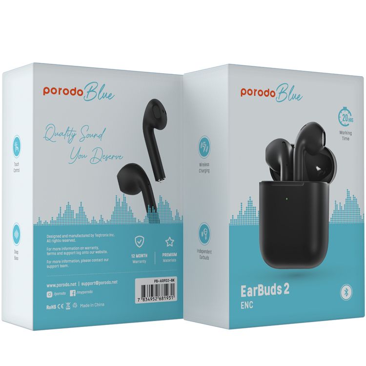 Porodo Blue Deep Bass Wireless Earbuds 2, One-Step Pairing, Comfortable Fit, Independent Earbuds, Touch Control, Deep Bass - Black