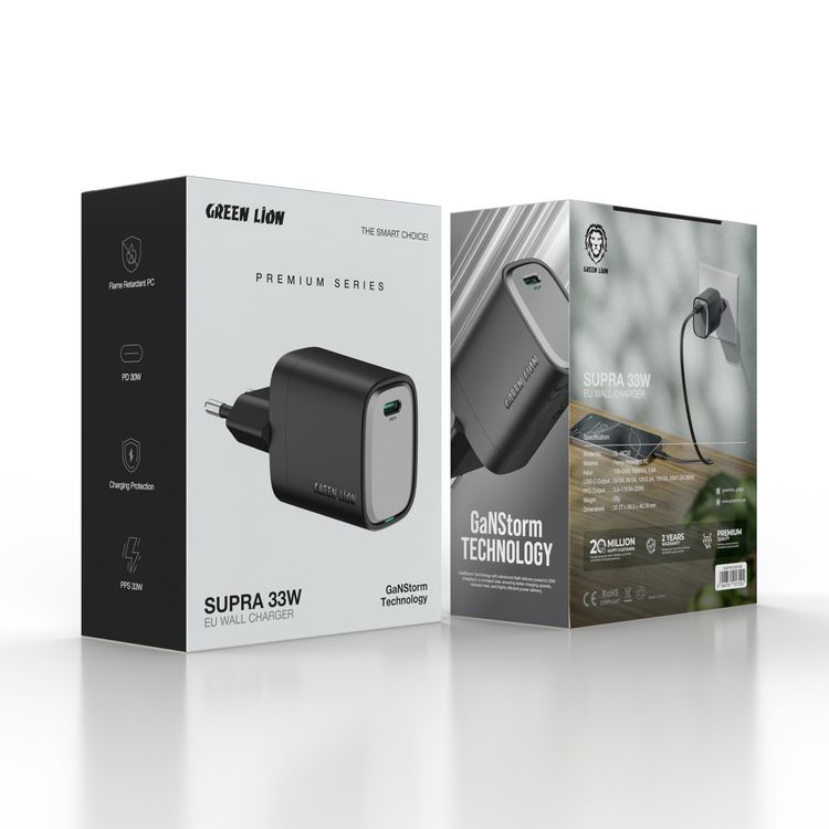 Green Lion Supra 33W GaN USB-C Wall Charger with EU 2-Pin Plug, PPS 33W, Charging Protection, Flame-Retardant PC Material, PD 30W Fast Charging - Black / Gray
