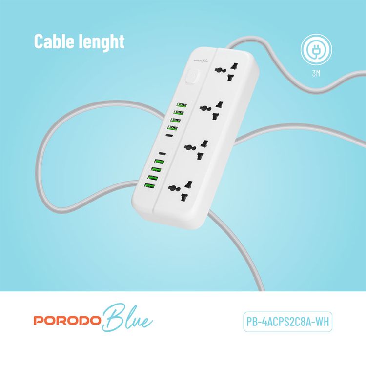 Porodo Blue Power Strip with 4 AC Sockets, Dual USB-C & 8 USB-A Ports, 3m Cable Length, 2000W AC Output, 3-Pin UK Plug, 10A Rated Current - White