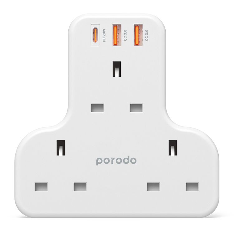 Porodo Multi-Port Wall Socket with 20W Power Delivery, Overheat & Overcharge Protection, UK 3-Pin Power Plug, 3250W AC Power, Fireproof Material, Smart Design - White