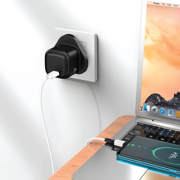 Green Lion NEXIO Single Port Wall Charger with UK Plug, 20W Power Delivery, Charging Protection, Flame Retardant PC Material, USB-C to USB-C Cable - Black