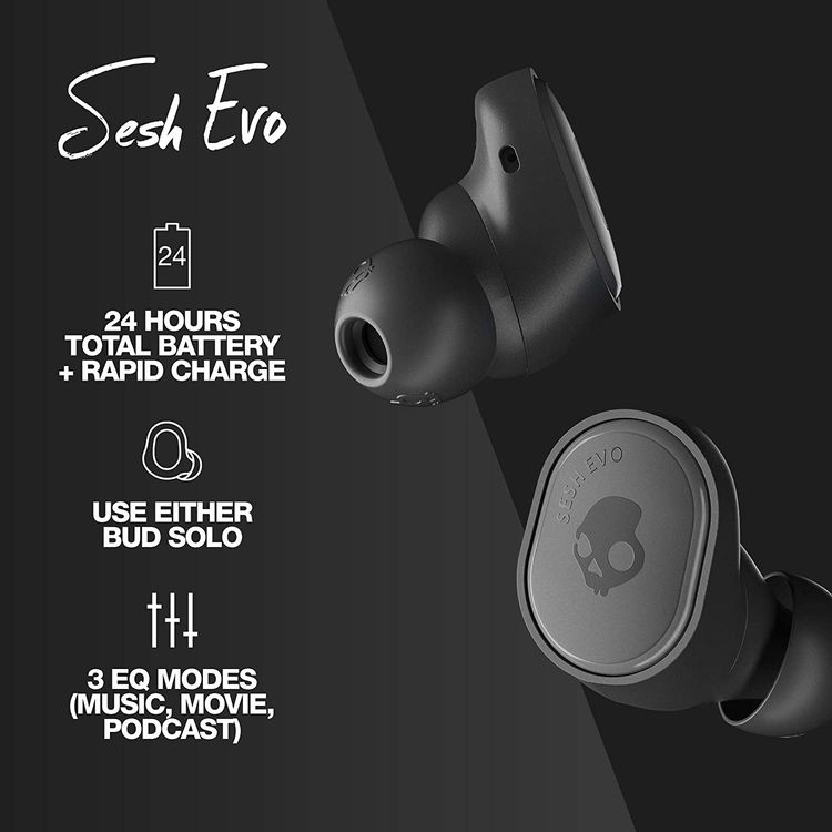 Skullcandy Sesh Evo True Wireless In-Ear Earphones with Call, 24-hours Battery Life, IP55 Sweat, Water and Dust Resistant, 3 EQ Modes (Music, Movie, Podcast) True Black