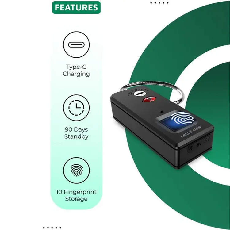Green Lion Fingerprint Padlock, High-Teach Chip, IP65 Waterproof, Anti-Theft Protection, 10 Fingerprint Storage, Fingerprint 0.5s Unlock - Black