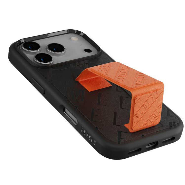 Levelo Morphix Vallo Faux Leather GripStand Case for iPhone 17 Pro Max, MagSafe & Magnetic Compatibility, Horizontal & Vertical Stand Positions, True Microfiber Interior Lining, Shock-Resistant Bumper, Strong Magnets - Onyx Flame