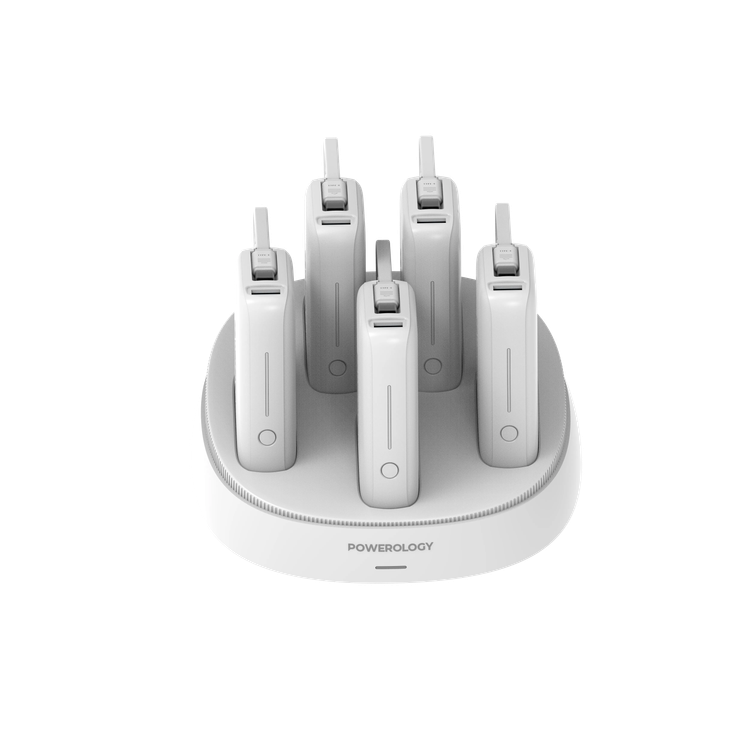 Powerology 5 x 10000mAh Power Bank Station with 50W PD, USB-A, USB-C, Type-C Built-in Cable, 12V/1A Max Contact Input, Rapid Recharging Station, High-Density Batteries, Type-C Built-in Cable, 5V/3A Total Output, Built-in Safeguards - White