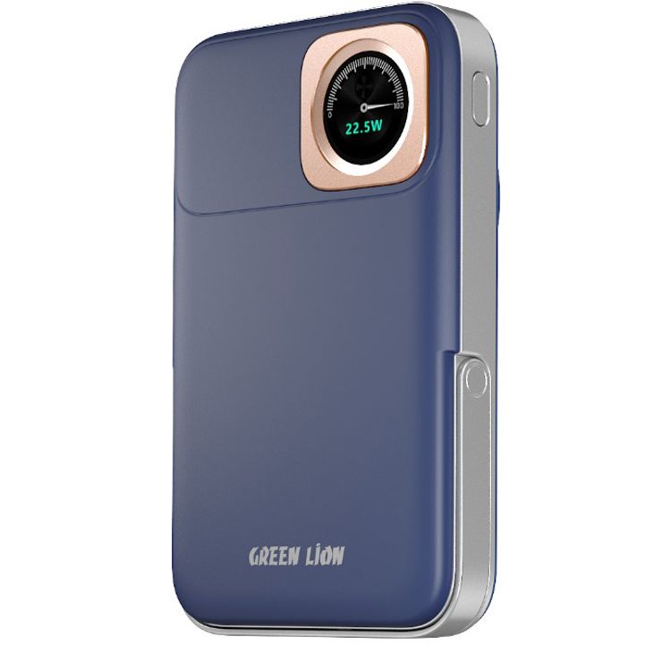 Green Lion Volt Gauge 10000mAh Power Bank with Dual USB-C Ports, ABS & PC Material, 15W Wireless Output, 22.5W Power Delivery, Flight Approved, Built-in Kickstand, Fast Charge Support - Blue