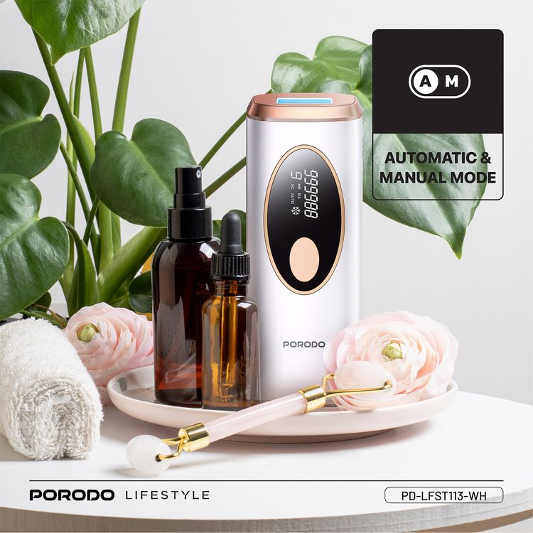 بورودو لايفستايل جهاز إزالة الشعر بتقنية الليزر للتبريد الجليدي IPL مع قابس طاقة بريطاني ثلاثي الأطراف، إعداد شاشة LED، وضع تلقائي ويدوي، تبريد بدرجة 10 درجات مئوية، معالجة كاملة للجسم في 7 دقائق، 9 مستويات كثافة - أبيض