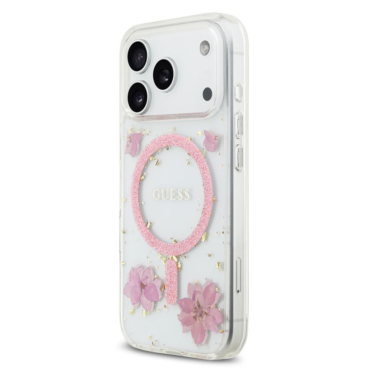 غطاء ماجسيف من الراتنج مع نمط الأزهار والجليتر لجهاز آيفون 17 برو، تصميم نحيف، حماية من الصدمات، سهل التركيب، عبوة مستدامة، قبضة مريحة، تصميم خفيف الوزن - وردي