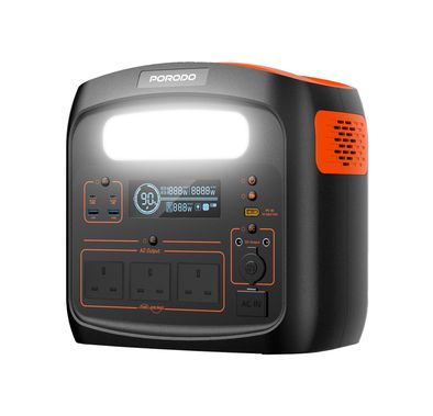 بورودو محطة طاقة محمولة بقوة 1500 واط مع إضاءة LED متعددة الأوضاع، PD 100W، شاحن شمسي، 3 منافذ تيار متردد، مدة شحن 1.3 ساعة، سعة بطارية 1102.5 واط ساعة، منافذ إخراج متعددة - أسود/برتقالي