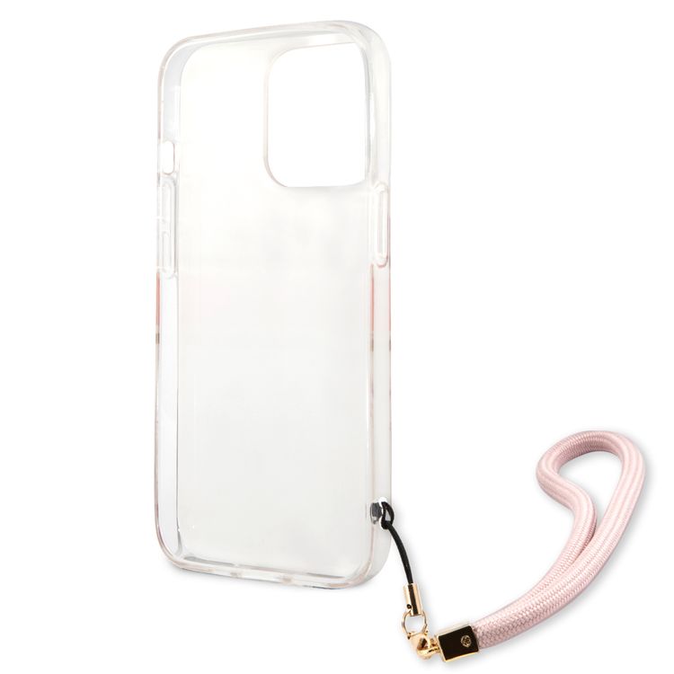 CG MOBILE Guess PC/TPU Case Marble Design & Stripe with Anti-Lost Nylon Strap for iPhone 13 Pro (6.1") Back Cover Suitable with Wireless Chargers Officially Licensed Pink