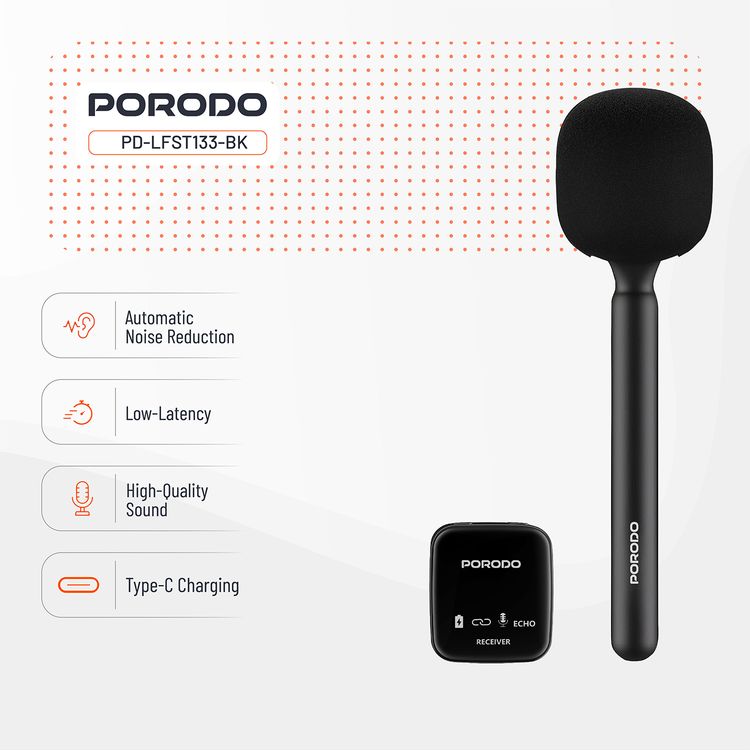 Porodo ميكروفون لاقط متصل بجهازين محمول مع تخفيض تلقائي للضوضاء، يعمل لمدة تصل إلى 12 ساعة، اقتران تلقائي، صوت عالي الجودة، مسافة تطبيق تصل إلى 30 متر - أسود
