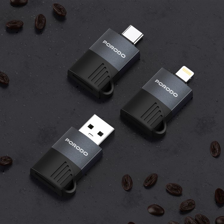 Porodo OTG Adapter with Lightning Input, TF Card Reader, 480Mbps Transfer Speed, TPE Material with Aluminum Shell, Wide Compatibility - Black