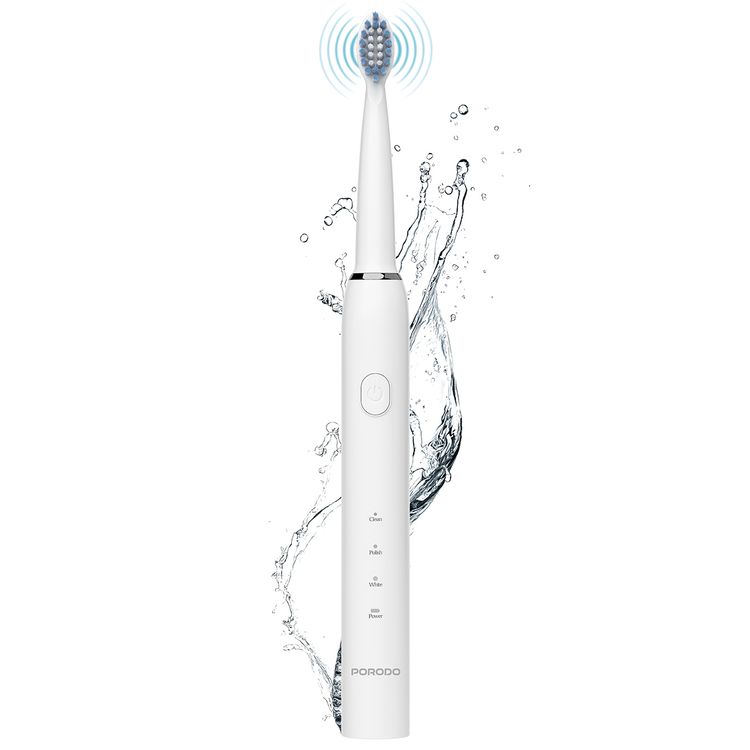 Porodo W-Sonic Electric Toothbrush with Professional Sonic Cleaning, 2 Minutes Smart Timer, 500mAh Battery Capacity, IPX7 Water Resistant, 3 Hours Charging Time, Type-C Charging Port, Up to 100 Days Battery Life, Smart Quadrant Timer - White