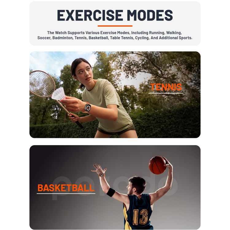 Porodo Ultimo Smart Watch, 2.1", 15 Days Working Time, 3 Hours Charging Time, Bluetooth 3.0 & 5.0, Voice Assistant, Android & iOS Compatible - Black Bezel & Orange Band