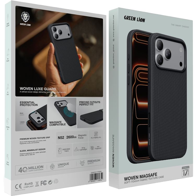Green Lion WOVEN MagSafe Case for iPhone 17 Pro Max, Anti-Scratch, Drop Protection, Comfortable Grip, Anti-Fingerprint, Essential Protection, Precise Cutouts, Perfect Fit, 350D/280D Fabric - Black