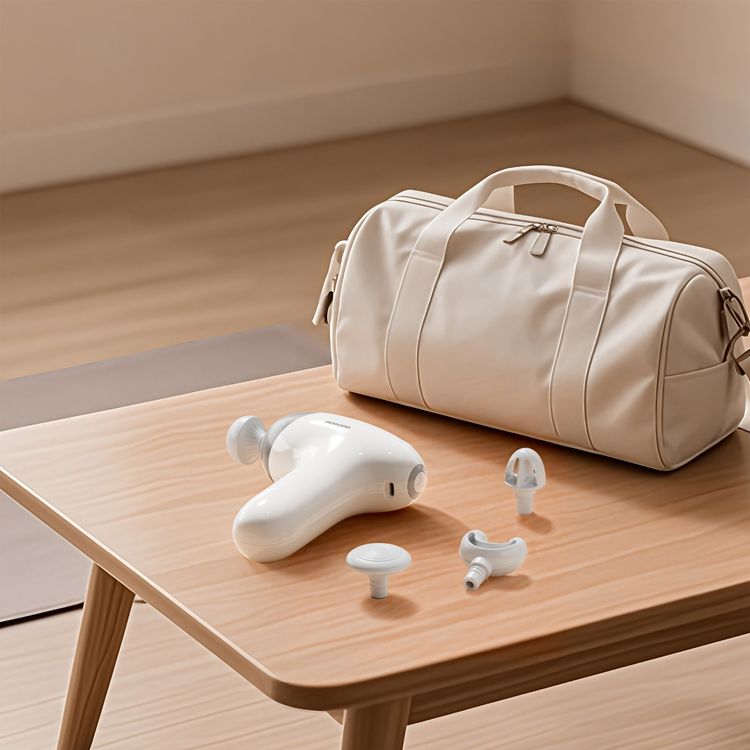 Porodo Lifestyle Cordless Mini Massager with 4 Interchangeable Heads, 5 Speed Levels, 4 Hours Working Time, Adjustable Massage Intensity, Fast Charge, 30W Rated Power, 1300mAh Battery, Safety Auto Shut-Off - Beige