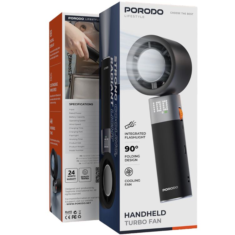 Porodo Lifestyle Handheld Turbo Fan with 100-Level Wind Speed Adjustment, Up to 4 Hours of Working Time, 13000RPM Operating Speed, Integrated Flashlight, 90° Folding Design - Black