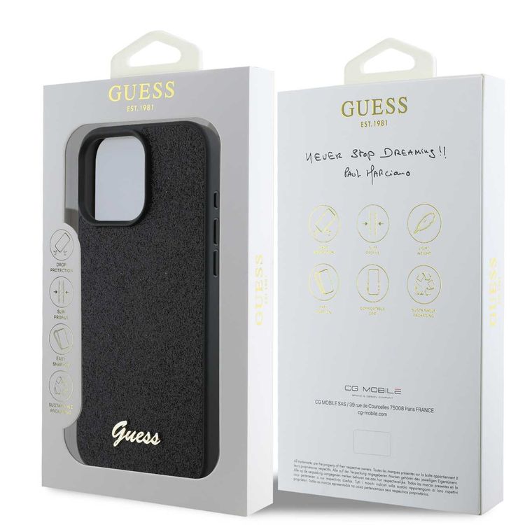 Guess Fixed Glitter Hard Case with Script Metal Logo for iPhone 16 Pro, Slim Profile, Drop Protection, Easy Snap-On, High-Quality Material, Extra Shield Protection - Black