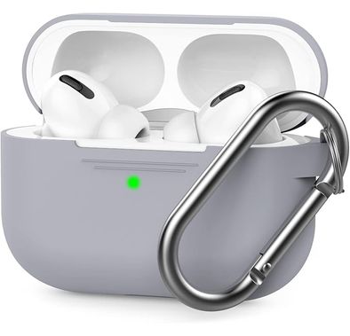 حافظة سيليكون فاخرة بتصميم ثلاثي الأبعاد من Ahastyle مع حلقة تثبيت متوافقة مع AirPods Pro - تصميم كلاسيكي مريح - غطاء مقاوم للغبار والصدمات يدعم الشحن اللاسلكي - رمادي أبيض