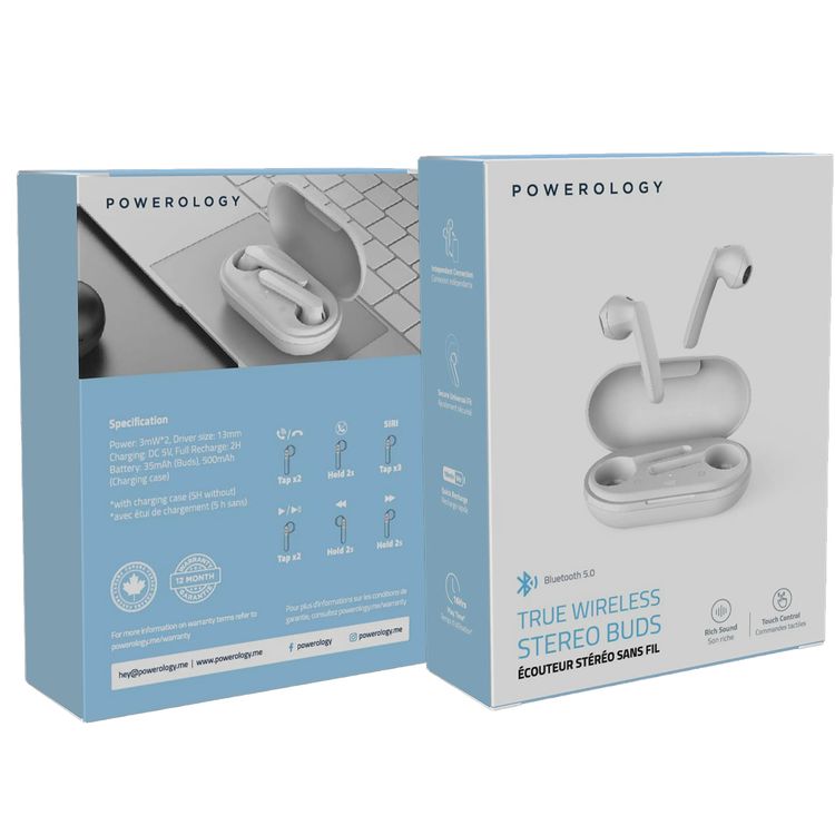 Powerology True Wireless Stereo Buds, 16h Playtime, Bluetooth 5.0, Secure Universal Fit, Touch Control, 500mAh Charging Case Battery Capacity - White 