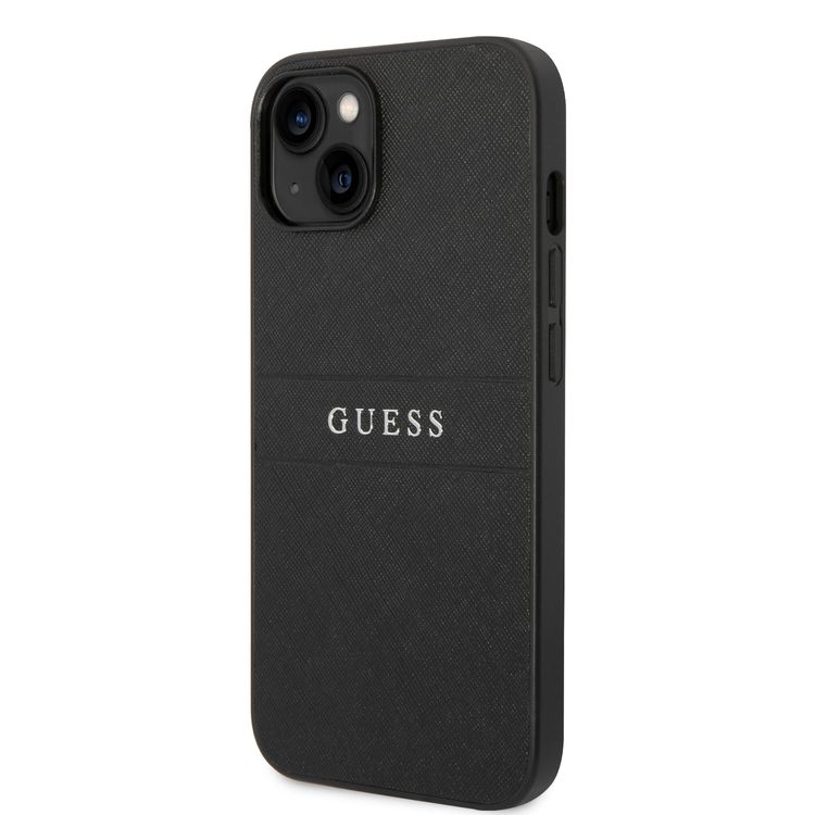 Guess PU Leather Saffiano Case with Metal Logo & Hot Stamp Stripes iPhone 14 Plus Compatibility - Black