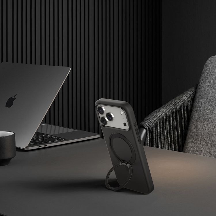 Levelo Iris Pro MagSafe Liquid Silicone Case with Built-in 360° Kickstand for iPhone 17 Pro, Metal Accents, Shock-Resistant Bumper, Aluminum Alloy Frame for Camera & Buttons, Drop-Tested, Strong Magnets, Premium Silicone Grip - Black