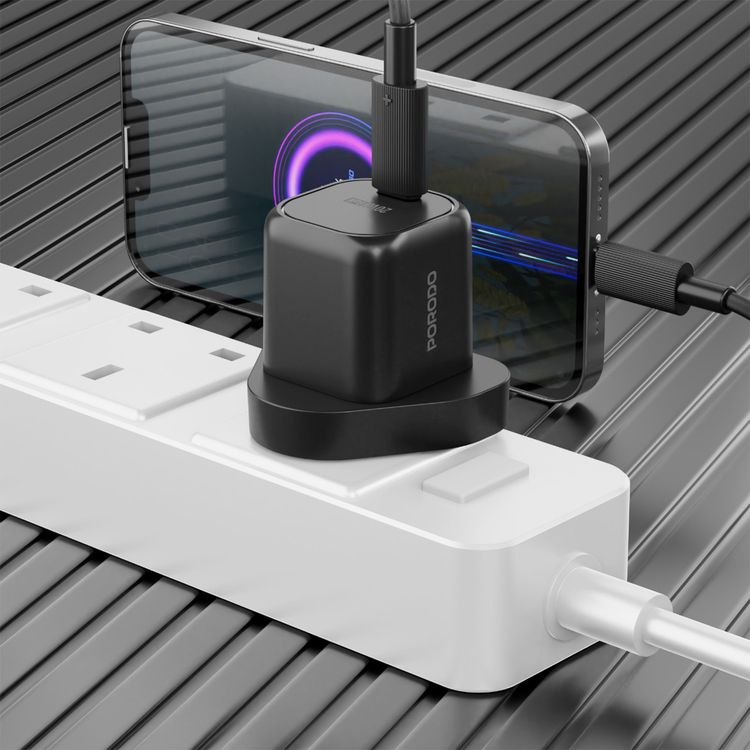 Porodo PD 20W UK Wall Charger with Over-Heat Protection, Universal Compatibility, Reliable Companion, Fast Charging, Lightweight & Portable - Black 