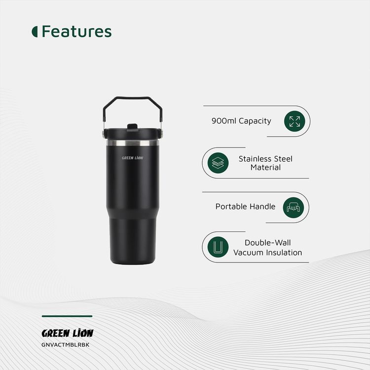 كأس تفريغ من جرين ليون بسعة 900 مل، مصنوع من الفولاذ المقاوم للصدأ، عزل فراغي ذو جدار مزدوج، غطاء بشفاطة قابلة للطي، مقبض محمول، مواد آمنة للأطعمة - باللون الأسود