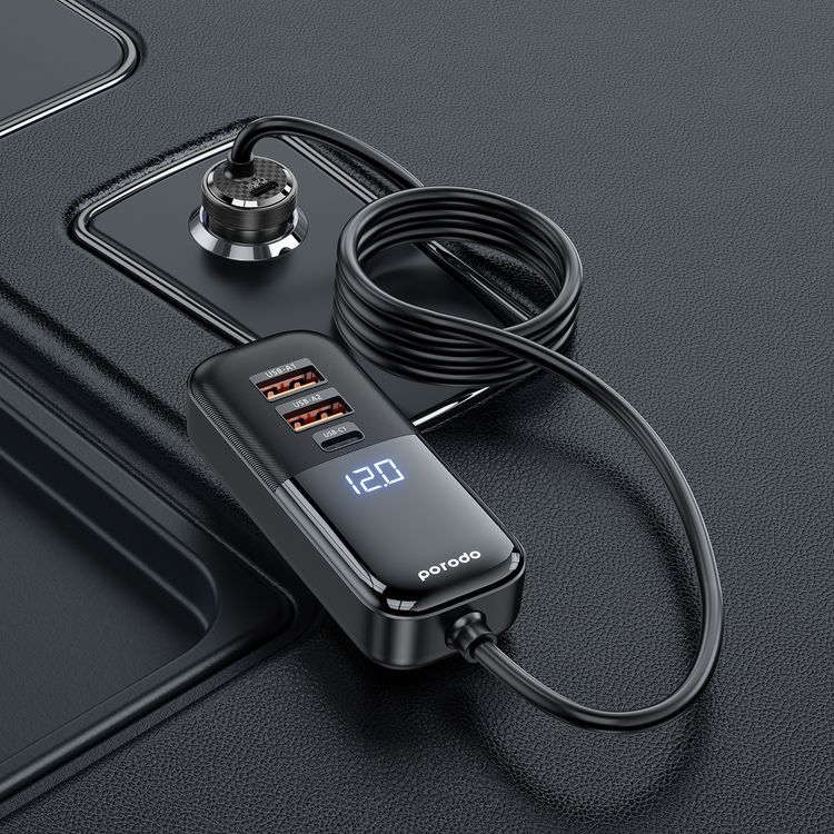 شاحن سيارة شفاف متعدد المنافذ من بورودو بقوة 120 وات مع منفذي USB-C وUSB-A، ومحور شحن سريع، مصنوع من سبائك الألومنيوم ومواد الكمبيوتر، بطول كابل 1.5 متر، متوافق عالميًا، شحن متزامن، شاشة رقمية - أسود