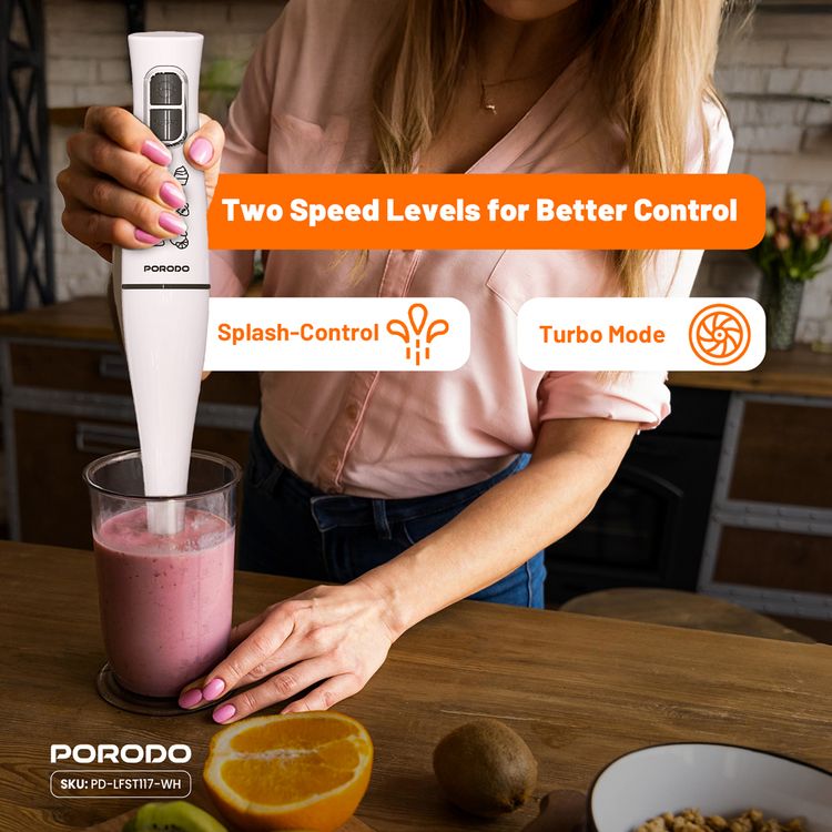 خلاط يدوي قوي من بورودو لايف ستايل، مفرمة طعام وخفاقة مع سعة وعاء 500 مل، مستويان للسرعة، قوة 300 واط، شفرات عالية الأداء، تصميم مقاوم للرذاذ - أبيض