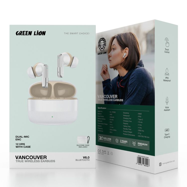Green Lion Vancouver True Wireless Earbuds with Dual Microphones, 200mAh Charging Case & 25mAh Earbuds Battery, Up to 4 Hours Play Time, Bluetooth Version 6.0, 12m Transmission Range - White
