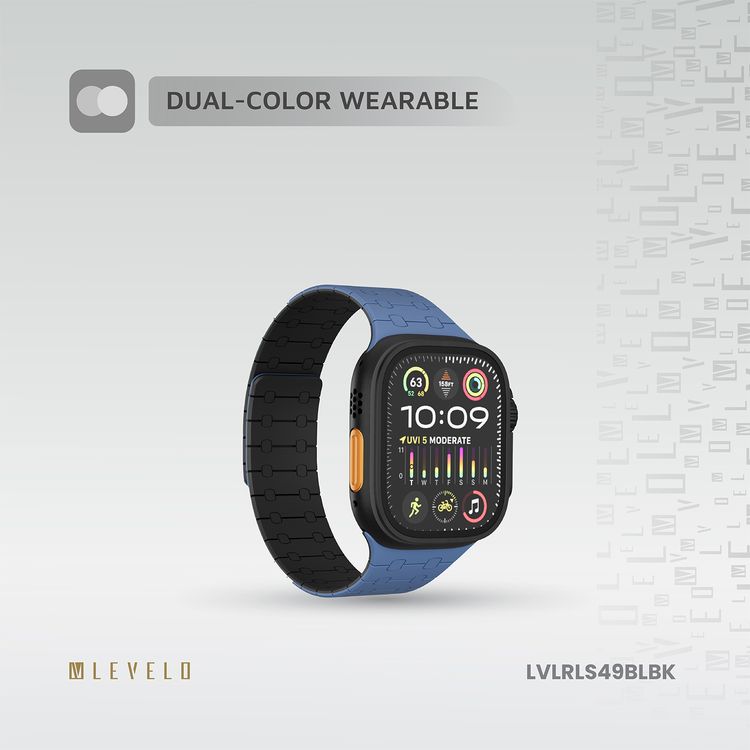 حزام ساعة سيليكون Levelo Royallink ثنائي اللون لساعة Apple Watch بحجم 49/46 مم، مصنوع من مواد مضادة للحساسية، يحتوي على 32 مغناطيس مدمج، مقاوم للماء والعرق، يتميز بقوة التثبيت المغناطيسي، سهل التركيب - أزرق / أسود.