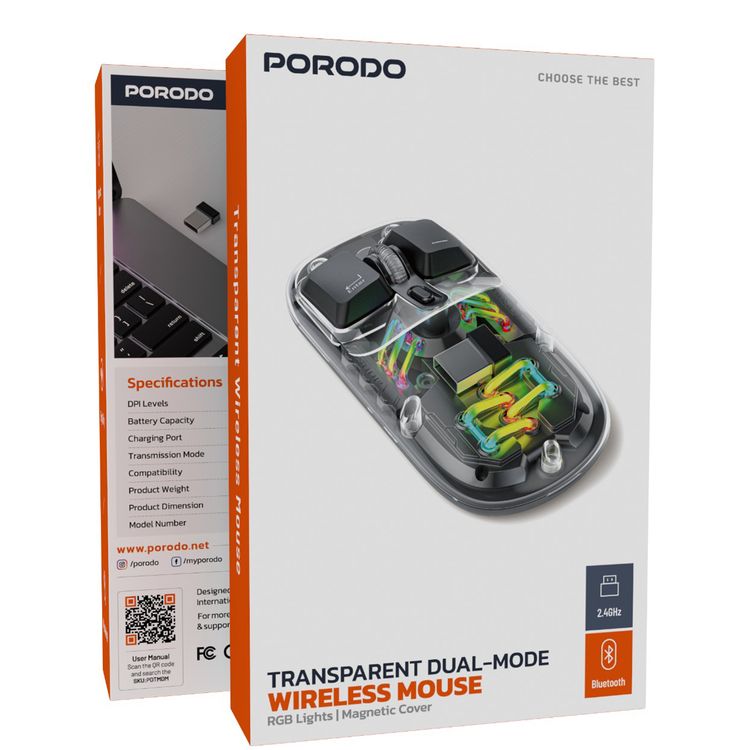 فأرة لاسلكية مزدوجة الوضع من Porodo بشفافية وزر DPI قابل للتعديل يصل إلى 1600، أضواء RGB، سعة بطارية 400 مللي أمبير، اتصالات لاسلكية بتردد 2.4 جيجاهرتز وبلوتوث - أسود