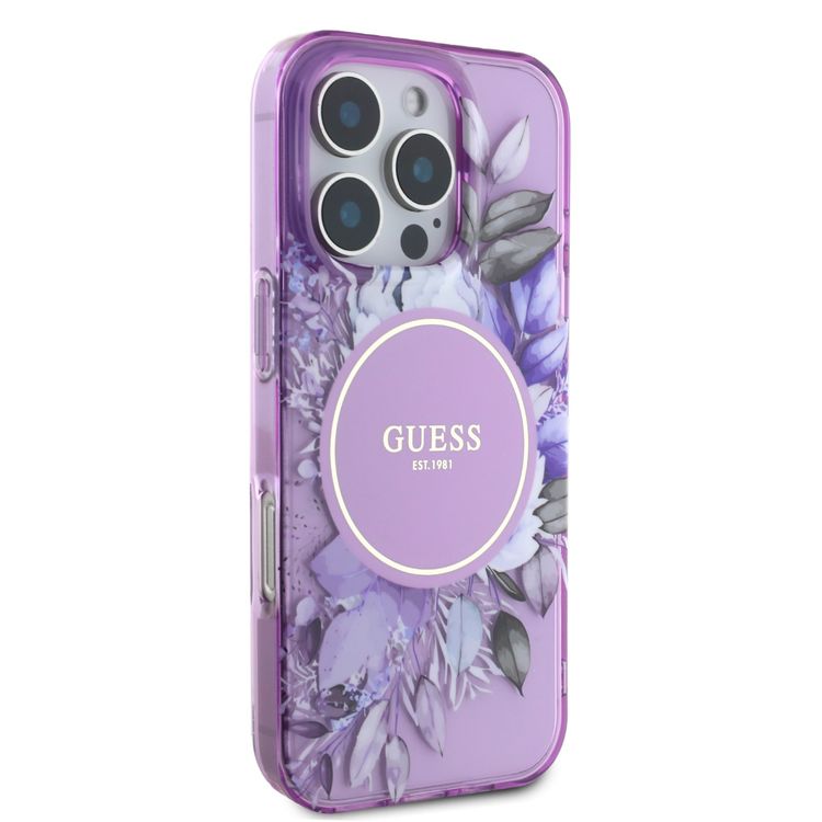 Guess Magsafe IML Transparent Hard Case with Flower Design & Tonal Circle Logo for iPhone 16 Pro, Lightweight, High Quality Material - Purple
