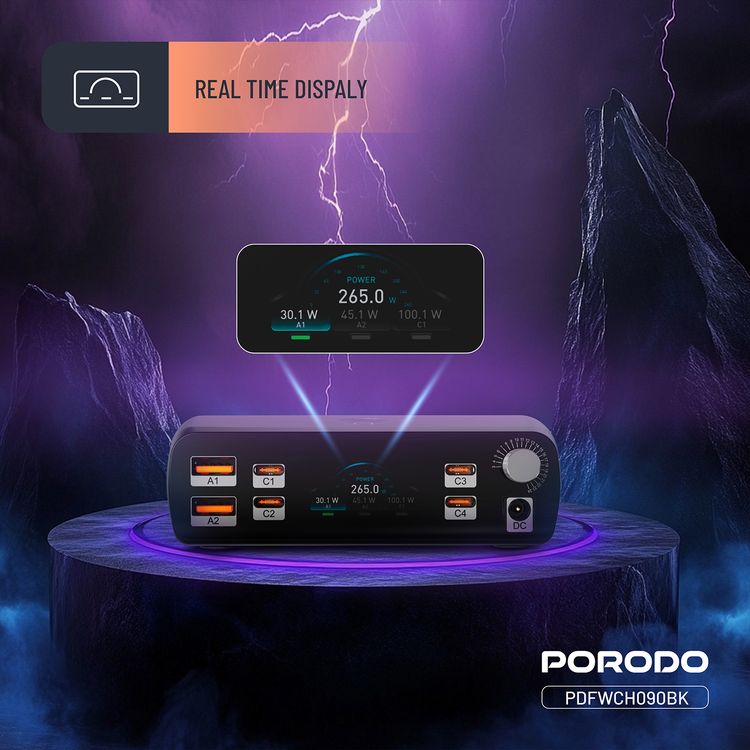 Porodo Powergate Smart Power Station with 7-Port GaN Technology, 252W Total Output, 100W Max USB-C1 & C2 Output, 45W Max USB-C3 & C4 Output, 12W Max USB-A1 Output, 30W Max USB-A2 Output, Universal Device Support, Smart Power Distribution, Multi-Device Charging, Real Time Display - Black