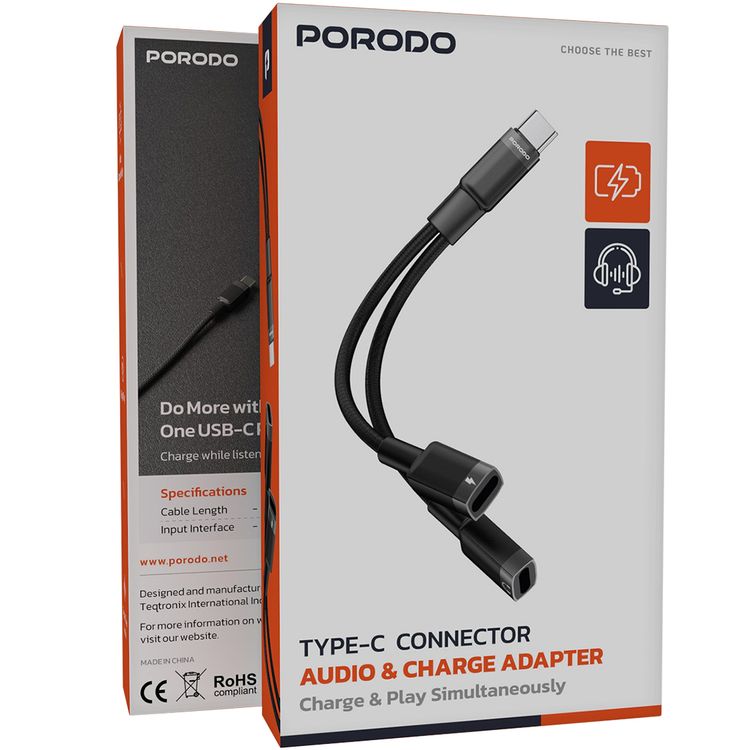 Porodo Audio & Charge Adapter with Type-C Connector, Crystal Clear Audio, Optimal Charging, USB-C Audio & Charging Inputs, Wide Compatibility, Simultaneous Charge & Play