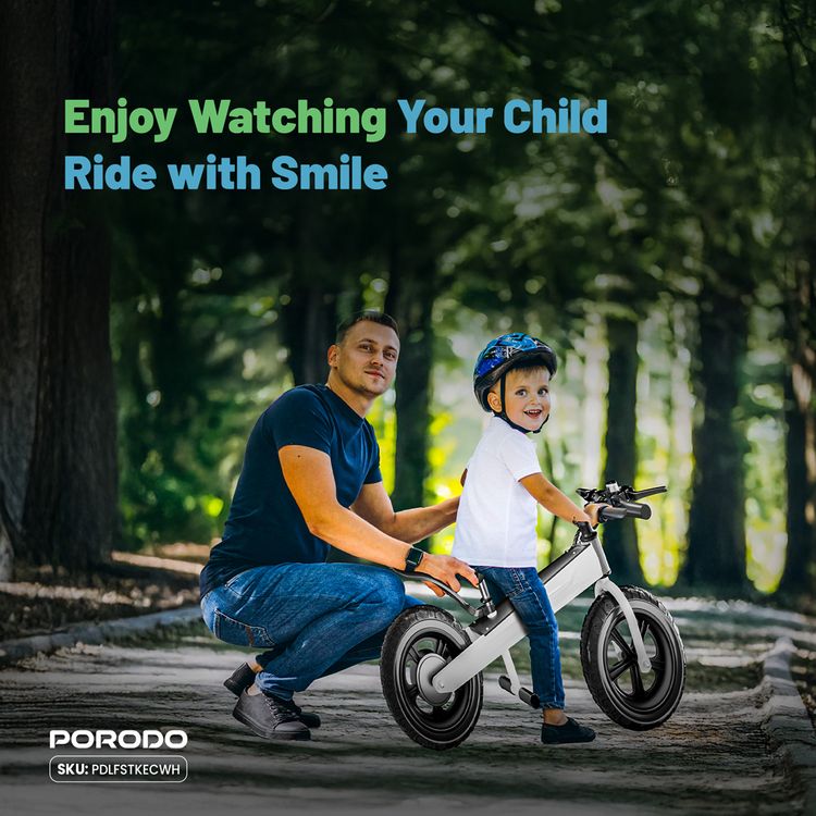 Porodo Lifestyle Joy Cruiser Kids Electric Bike with 2600mAh Battery Capacity, Maximum Speed 15Km/H, 3 Gears, LED Display, Brushless Motor - White