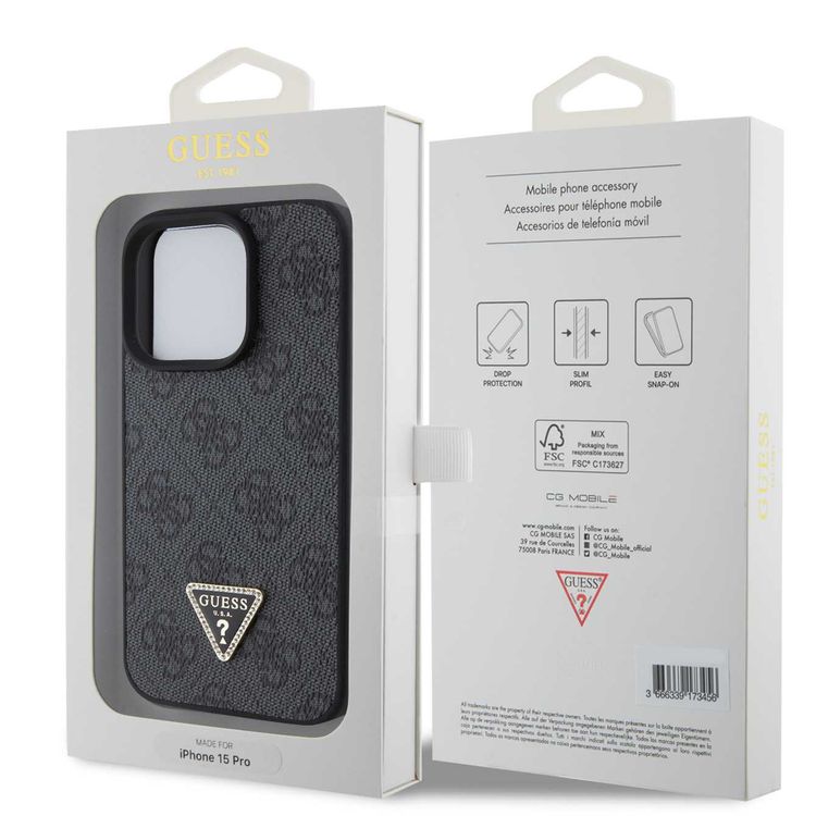 Guess PU Leather Case with 4G Triangle Strass & Triangle Logo - Black - iPhone 15 Pro