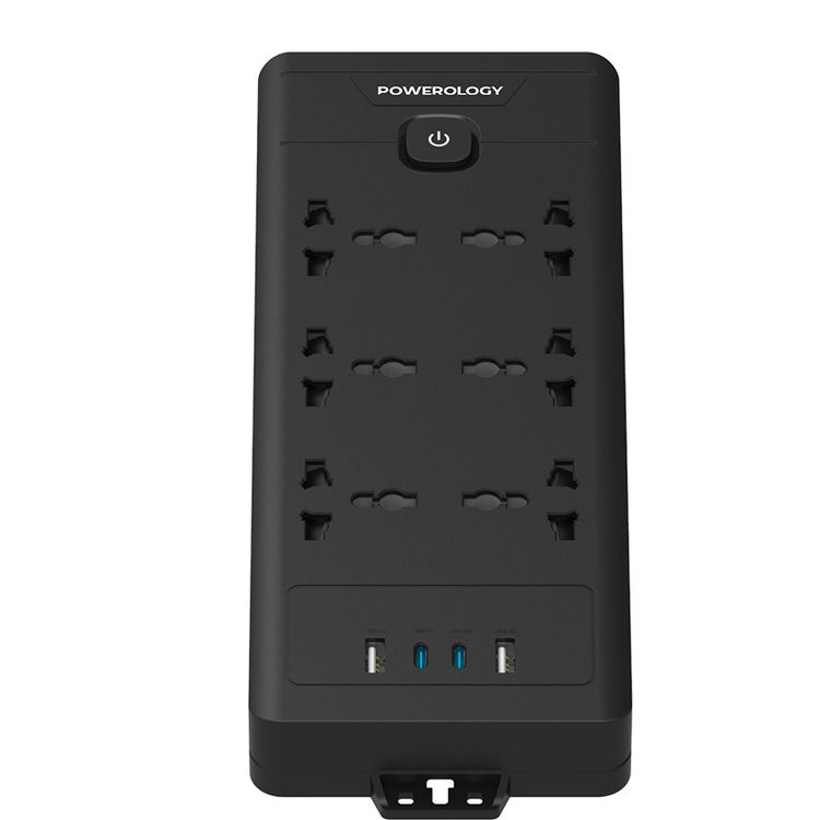 Powerology Power Strip with Power Switch, 20W PD, 3m, UK Plug, 5V/3A Simultaneous Use, 2 USB-C Ports, 2 USB-A Ports, 6 AC Sockets - Black