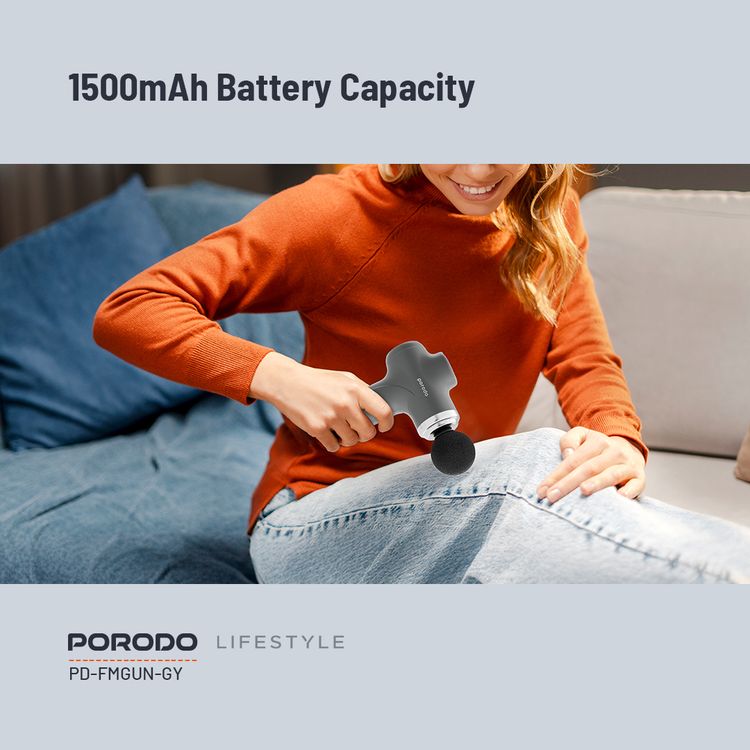 Porodo Lifestyle Precision Handheld Massager with 4 Interchangeable Heads, Up to 120 Minutes Working Time, 2 Hours Charging Time, Type-C Charging Port, 1500 mAh Battery Capacity, 15 W Rated Power, 6 Intensity Levels - Gray