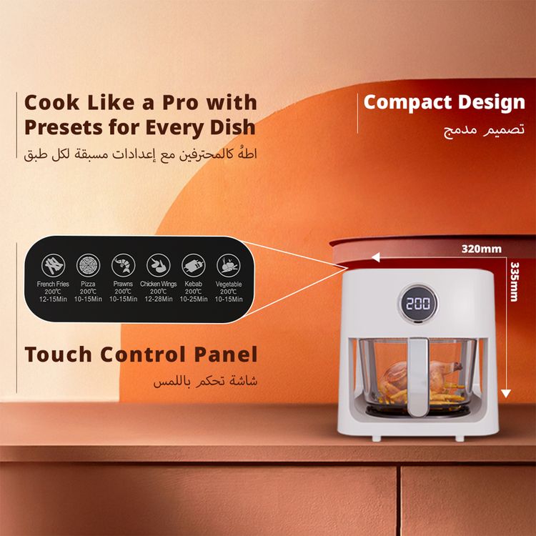 Porodo Lifestyle Glass Pot Air Fryer with 5L Capacity, Up to 60 Minutes Timer, 8 Presets, 360° Panoramic View, 1200W Rated Power, Food-Grade Glass Spot, Touch Panel - White