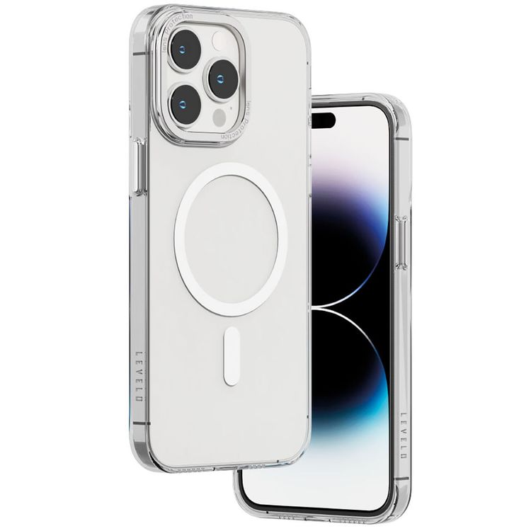 غطاء خلفي شفاف من Levelo MagSafe Sensa لهاتف iPhone 14 Pro Max، حلقة كاميرا معدنية، حواف مقاومة للصدمات، شفاف للغاية، سهل التركيب - شفاف/فضي