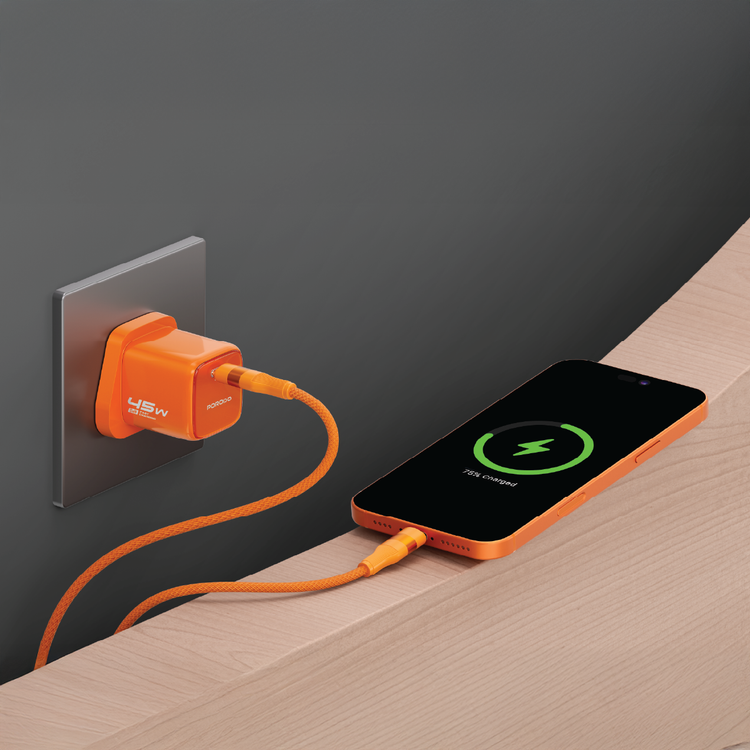 Porodo Tezorenzza USB-C Wall Adapter, Anti-Flame PC Material, GaN Technology, Fast Charge Support, 45W Power Delivery, Universal Compatibility, AC 110-240V Rated Voltage - Orange