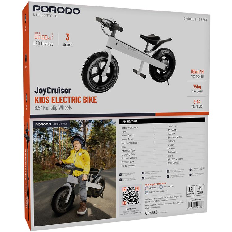 Porodo Lifestyle Joy Cruiser Kids Electric Bike with 2600mAh Battery Capacity, Maximum Speed 15Km/H, 3 Gears, LED Display, Brushless Motor - White