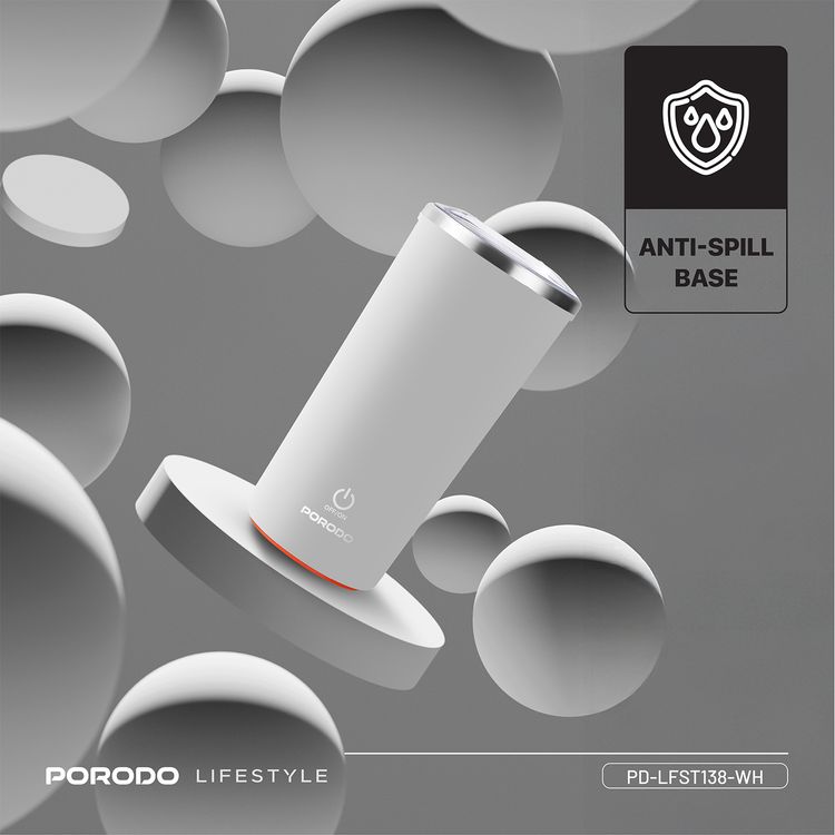 Porodo Lifestyle Auto-Stirring Insulated Mug with 400mL Capacity, Anti-Slip Base, 300mAh Battery Capacity, 120-Seconds Mixing Time with Auto-Stop - White