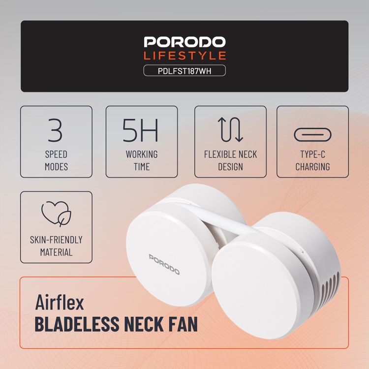 مروحة العنق بدون شفرات Porodo AirFlex مع 3 مستويات سرعة، مع وقت عمل يصل إلى 5 ساعات، بطارية بسعة 1600 مللي أمبير، واجهة شحن USB-C، مادة لطيفة على الجلد، تصميم رقبة مرن - أبيض