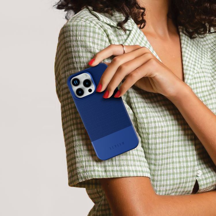 Levelo Cuir Two Tone Leather Case For iPhone 16 Pro, Durable, Compact Design, MagSafe Compatible, Hybrid Case, Impact-Resistant Corners , Aluminum Bumper Finish, High Quality Material - Blue