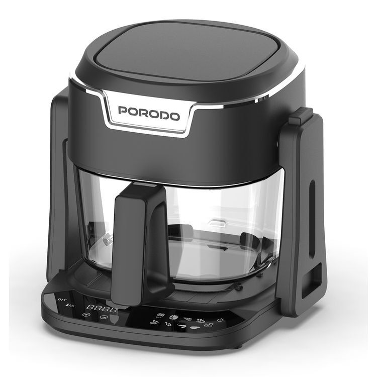 Porodo Lifestyle Quick Flip 3-in-1 Air Fryer, Grill & Hot Pot with 4.5L Capacity, 1200-1400W Rated Power, UK 3-Pin Plug, 360° Turbo Heat Technology, 100% Visible Glass Basket - Black