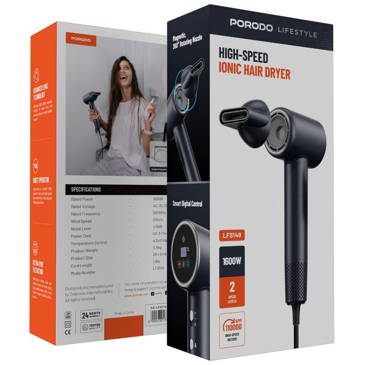 مجفف شعر أيوني عالي السرعة من بورودو لايف ستايل مع فوهة مغناطيسية دوارة 360 درجة، قوة 1600 واط، مستويان للسرعة، قابس بريطاني ثلاثي السنون، طول السلك 1.8 متر، تشغيل هادئ - أسود