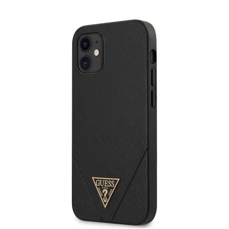 CG Mobile Guess PU Saffiano V Stitched w/ Metal Logo Case for iPhone 12 Mini (5.4") Officially Licensed, Shock Resistant, Scratches Resistant, Easy Access to All Ports, Cameras - Black